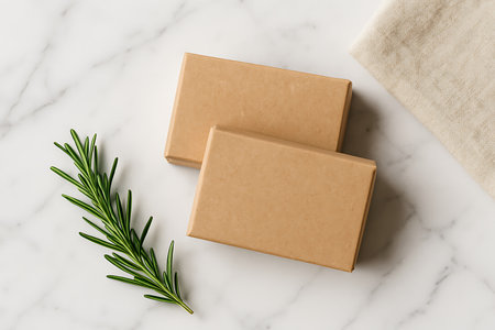 Two brown paper boxes rest on white marble with rosemary sprig and linen, creating minimalist charm.の素材