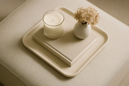 Elegant still life of a candle, book, and flower arrangement displayed on a beige ottoman tray.の素材