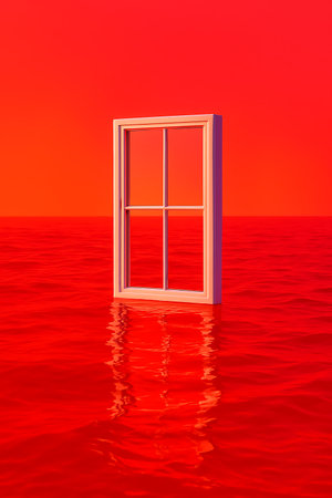 A stark white window frame stands in a monochromatic red sea under matching sky, surreal landscape.の素材