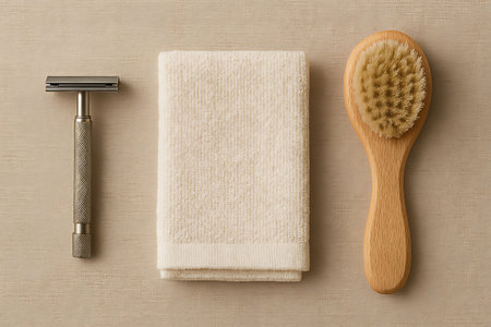 Still life featuring a metallic razor, a folded towel, and a wooden brush on beige textured surfaceの素材