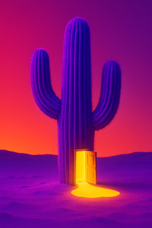 Surreal desert landscape featuring a saguaro cactus with a bright, open doorway at its base.の素材