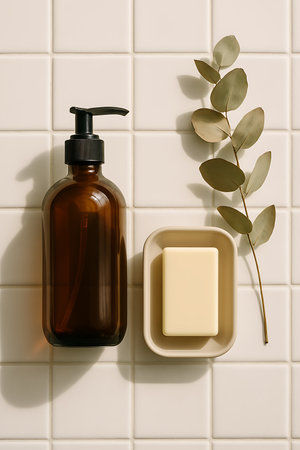 Minimalist bathroom scene featuring a soap dispenser, bar of soap, and eucalyptus branch, flatlay.の素材