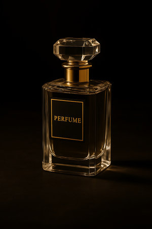 Elegant glass perfume bottle with a multifaceted crystal stopper presented on black backdrop.の素材