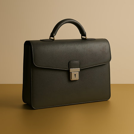 A sophisticated leather briefcase on a two-toned backdrop exudes professionalism and timeless style.の素材