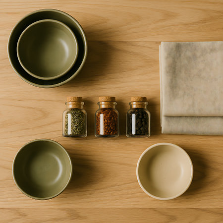Rustic kitchen scene showcases bowls, spice jars and a linen cloth on a wooden surface setup.の素材