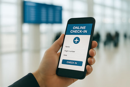 Close-up of hand holding a smartphone displaying an online check-in form in airport waiting area.の素材