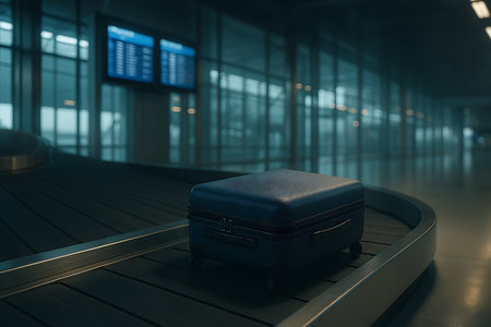 Solitary suitcase on an airport baggage carousel in a cool, moody, and cinematic setting.の素材