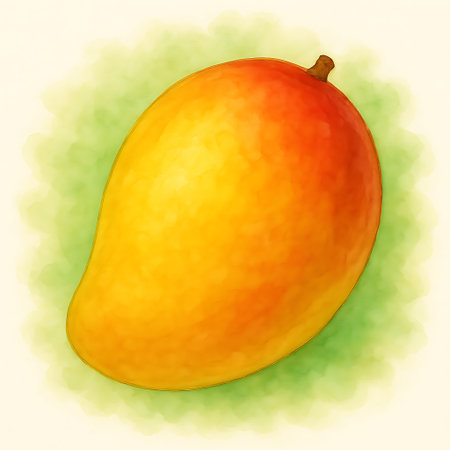 A vivid watercolor painting showcases a single mango with vibrant hues and soft, blended textures.の素材