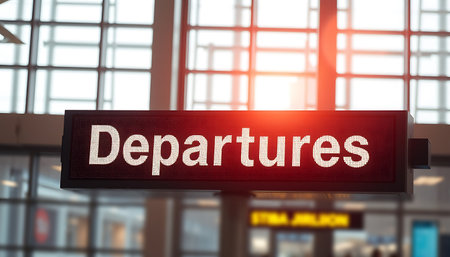 Illuminated departures board at an airport terminal signals the start of journeys ahead.の素材