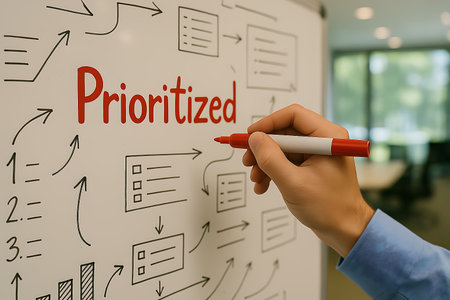 Hand with red marker writing 'Prioritized' on a whiteboard filled with diagrams and workflows.の素材