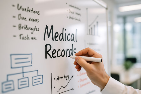 A person writes 'Medical Records' on a whiteboard with organizational charts nearby at daytime.の素材