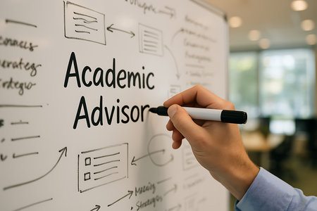 A person writes "Academic Advisor" on a whiteboard surrounded by flow chart diagramsの素材