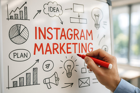 A hand draws business icons and "Instagram Marketing" on a whiteboard with a red marker pen.の素材