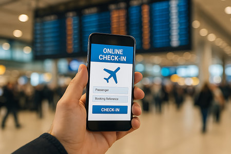 Person holding phone for online check in app at the airport, focusing on convenience and technology.の素材