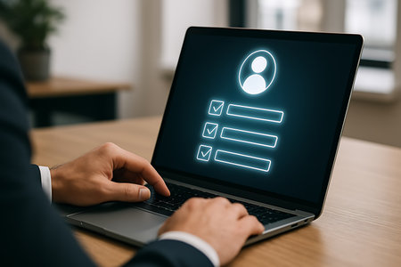 A person uses a laptop displaying a form with a profile icon and multiple checkmarks onscreen.の素材