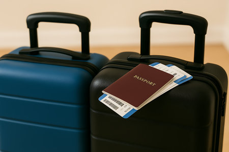 Two suitcases, blue and black, sit with passport and tickets, suggesting travel and vacation plans.の素材
