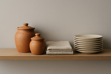 Still life featuring two terracotta pots, folded neutral cloths, and stacked plates on a wood shelf.の素材