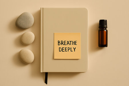 Wellness still life featuring journal, stones, and aromatherapy bottle with mindful breathing focus.の素材