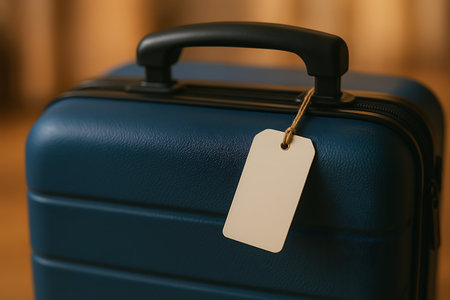 Close-up showcases a blue textured suitcase with a blank tag ready for travel information.の素材