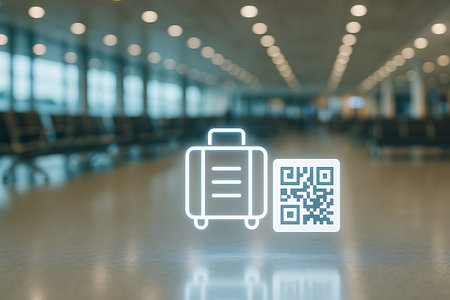An ethereal outline of luggage and a QR code float within a blurred airport terminal setting.の素材