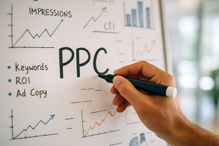 Hand writing PPC and drawing charts and graphs on whiteboard with black marker pen at the officeの素材