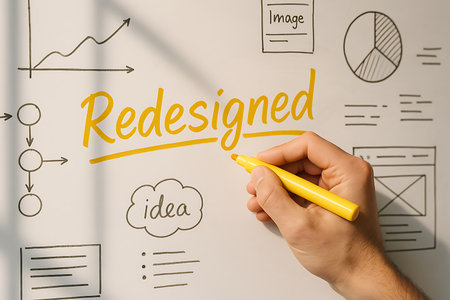 A hand with yellow marker redesigns a whiteboard with diagrams and the handwritten word Redesigned.の素材