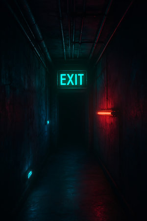 An illuminated exit sign beckons at the end of a dimly lit and claustrophobic corridor setting.の素材