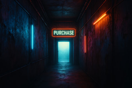 An eerie corridor with neon lighting beckons towards a bright doorway labeled "Purchase."の素材