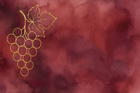 An elegant watercolor background in burgundy with golden grape cluster outline.の素材
