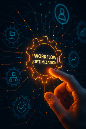 A hand points to an glowing gear icon showcasing workflow optimization on a digital background.の素材