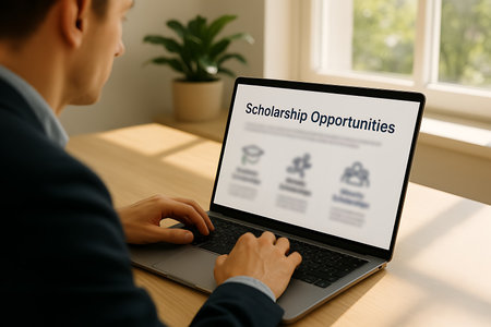 Focused individual researches scholarship opportunities on his laptop in a bright office setting.の素材