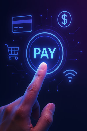 A finger taps a glowing 'PAY' button surrounded by e-commerce icons in blue neon light.の素材