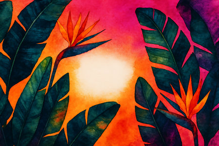 Watercolor painting of tropical paradise with Bird of Paradise flowers and lush palm foliage.の素材