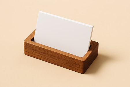 Stack of blank white cards nestled in a wood holder, presented on neutral backdrop, minimal design.の素材