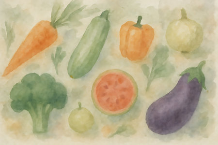 A watercolor painting displays a vibrant and fresh assortment of healthy vegetables and fruits.の素材