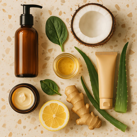 Overhead shot of various natural skincare ingredients and containers on a neutral patterned surface.の素材