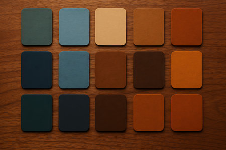 Fifteen stylish square coasters arrayed on a wooden surface in warm earth-tone color variations.の素材