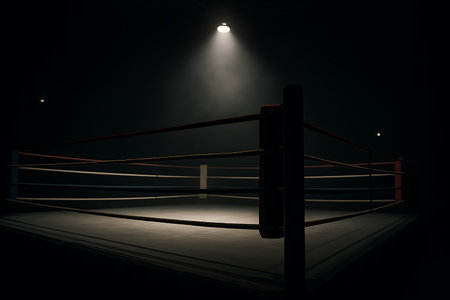 Dramatic boxing ring is illuminated by a single spotlight in a dark arena, creating tension.の素材