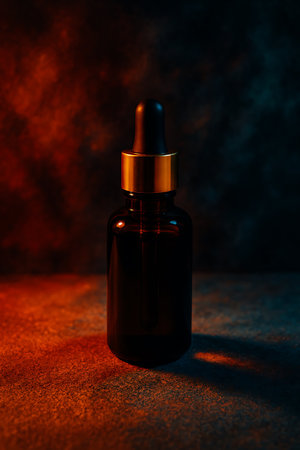 A dark glass dropper bottle with a golden top is illuminated dramatically on textured surface.の素材