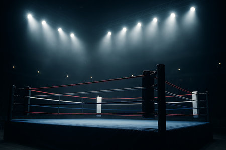 Dramatic boxing ring illuminated by bright spotlights creates a sense of anticipation and intensity.の素材