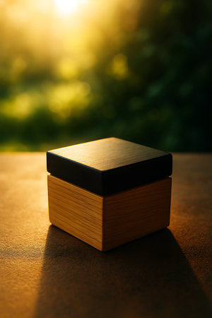 Small wooden box with dark lid resting on table, bathed in golden, soft, warm outdoor light.の素材