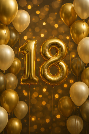 Golden '18' balloons celebrate a milestone, with bokeh lights enhancing the joyous, festive mood.の素材