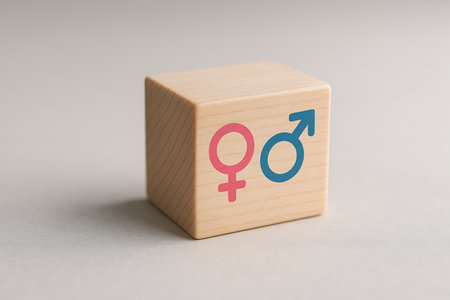 Gender identity is represented by both male and female gender symbols on wooden cube, standing out.の素材