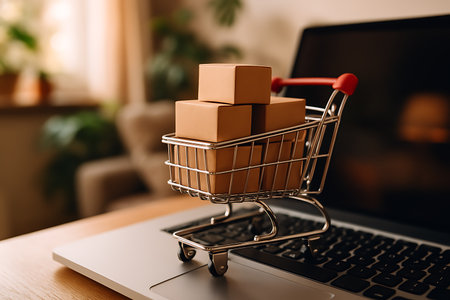 A miniature shopping cart filled with cardboard boxes rests upon a laptop keyboard on a desk.の素材