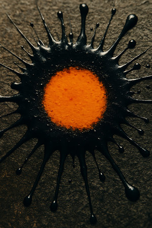 Abstract splash of black paint radiating from vibrant orange center, creating dynamic contrast.の素材