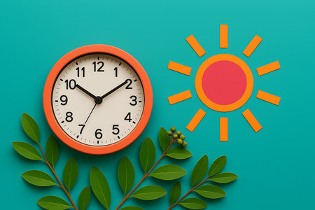 Still life shows an orange clock, paper sun and leaves against a teal background suggesting morning.の素材