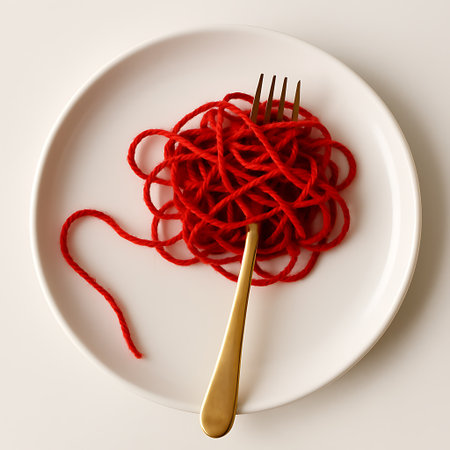Still life of red yarn creatively arranged like spaghetti on a white plate with a gold fork.の素材