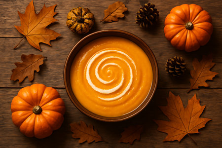 Overhead view showcases a creamy pumpkin soup surrounded by autumn leaves and pumpkins on wood.の素材