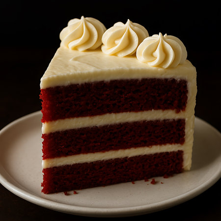 A slice of red velvet cake presented on a white plate, with cream cheese frosting swirls on top.の素材