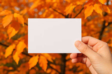 A hand holds a blank white card against a backdrop of vibrant orange autumn leaves in sunlight.の素材